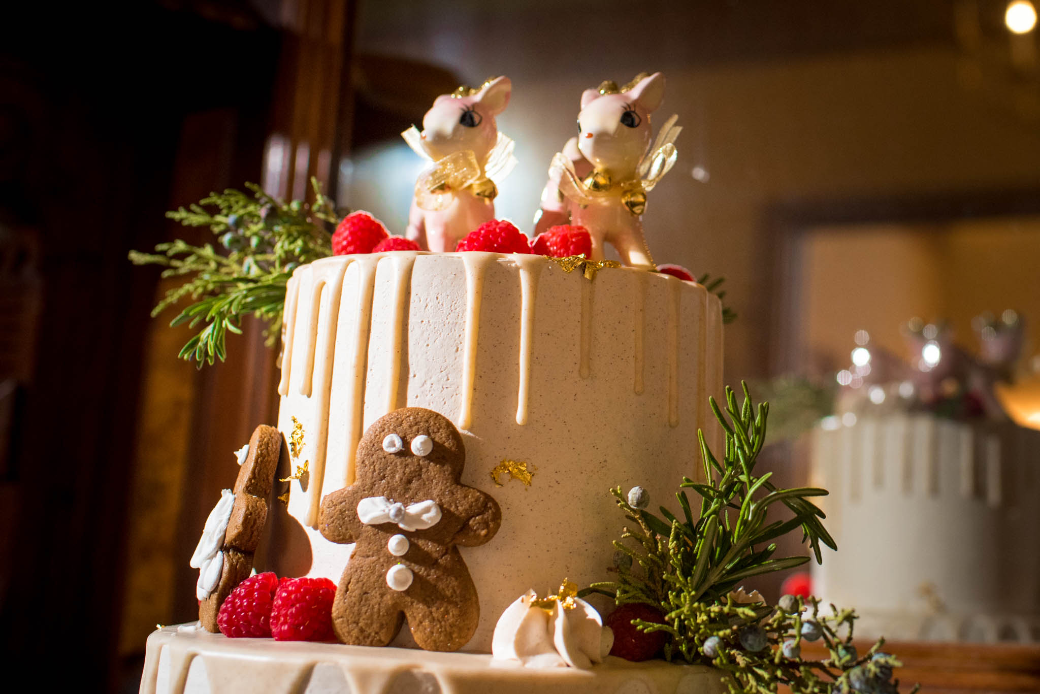 Christmas themed wedding cake with reindeer decorations