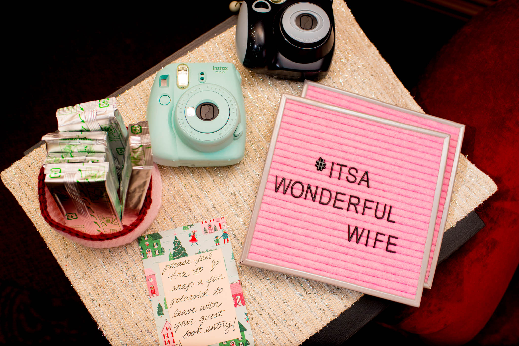 Polaroid camera and wedding decorations